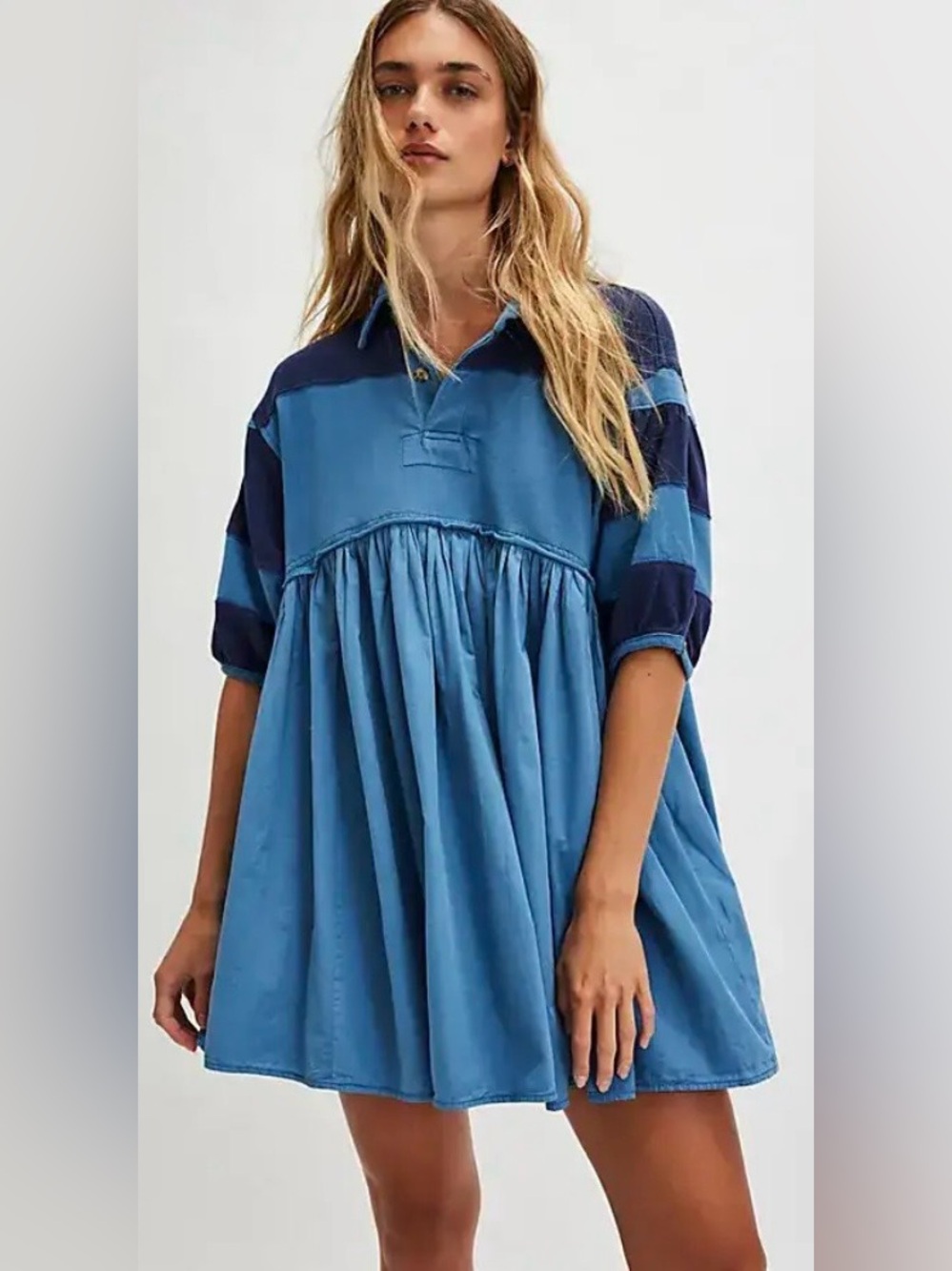FREE PEOPLE Remi Rugby Mini Dress | XS Very Oversized | Blue + Navy | Like New